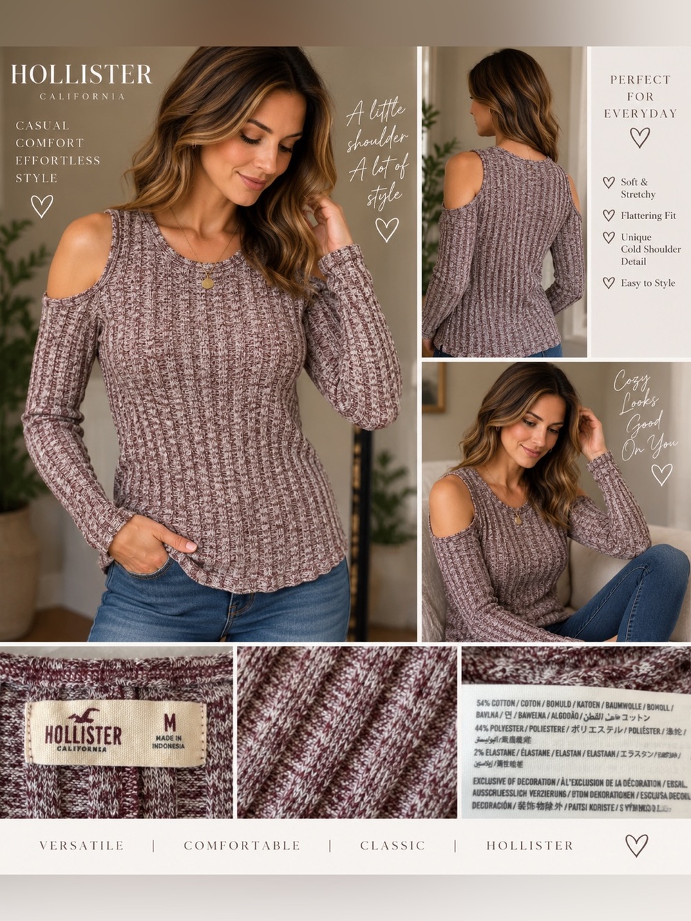 Hollister Cold Shoulder Ribbed Top Burgundy Marled Size M